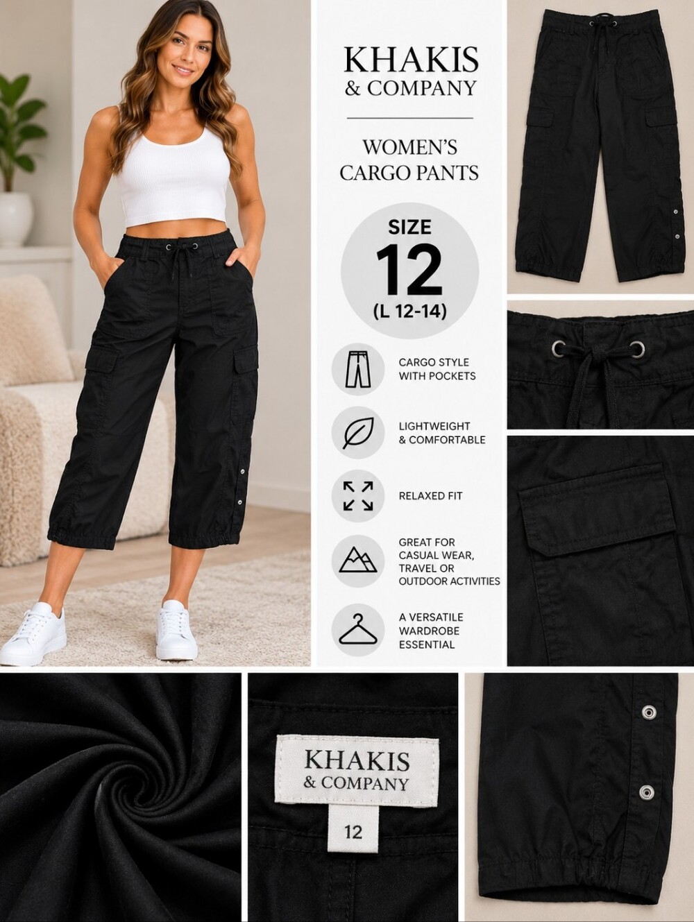 Khakis & company Women's size 12 black cargo pants #37